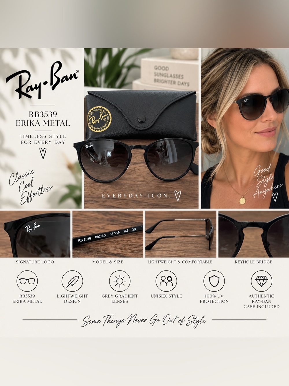 Ray-Ban RB3539 Erika Metal Black Grey Gradient Sunglasses 54mm